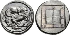 MACEDON, Akanthos. Circa 470-430 BC. AR Tetradrachm (26mm, 17.20 g, 11h). Attic Standard. Lion right, attacking bull crouching left; in exergue, fish left / AKA-N-ΘIO-N in shallow incuse around quadri