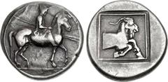 KINGS of MACEDON. Alexander I. 498-454 BC. AR Tetradrachm (26mm, 12.79 g, 3h). Aigai mint(?). Struck circa 476/5-460/50 BC. Warrior, wearing kausia, holding two spears in left hand and rein in right, 