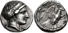 ELIS, Olympia. 107th Olympiad. 352 BC. AR Stater (21mm, 12.04 g, 12h). Head of Hera right, wearing stephanos decorated with a palmette and lily; F-A flanking neck / Eagle with open wings standing righ