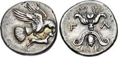 ELIS, Olympia. 134th-143rd Olympiad. Circa 244-208 BC. AR Drachm (18mm, 4.73 g, 10h). Eagle flying right, tearing at hare held in its talons / Vertical thunderbolt with volute above, wings below; F-A 