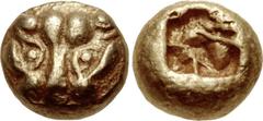 IONIA, Uncertain. Circa 600-550 BC. EL Myshemihekte – Twenty-fourth Stater (6mm, 0.63 g). Lydo–Milesian standard. Figural type. Facing lion head / Incuse square punch. Vismara, Arcaica 38; cf. Weidaue