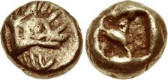 LYDIA, Uncertain. 6th century BC. EL Hemihekte – Twelfth Stater (7mm, 1.14 g). Head of boar right; ornament (or letter?) below / Rough incuse square. Spier p. 332, 5 = Kastner 4, lot 97 (unlisted dies