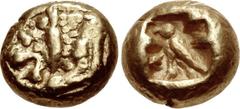 LYDIA, Uncertain. 6th century BC. EL Hemihekte – Twelfth Stater (7mm, 1.16 g). Forepart of lion left / Bird (eagle or owl?) standing left within incuse square. Spier p. 332, 11 (A7/P4) = Traité I 53 =
