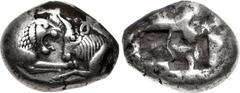 KINGS of LYDIA. Kroisos. Circa 560-546 BC. AR Stater – Double Siglos (20mm, 10.74 g). Sardes mint. Struck circa 550-546 BC. Confronted foreparts of lion right and bull left / Two square punches of une