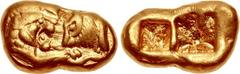 KINGS of LYDIA. temp. Cyrus – Darios I. Circa 545-520 BC. AV Stater (17mm, 8.06 g). Sardes mint. Confronted foreparts of lion right and bull left / Two square punches of unequal size. Traité I –; SNG 