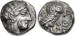 ARABIA, Southern. Qataban . Unknown ruler(s). Circa 350-320/00 BC. AR Didrachm (17mm, 8.28 g, 9h). Imitating Athens. Timna mint. Head of Athena right, k (in South Arabian) on cheek, wearing earring, n