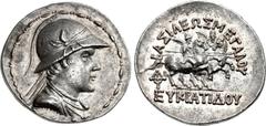BAKTRIA, Greco-Baktrian Kingdom. Eukratides I Megas. Circa 170-145 BC. AR Tetradrachm (32mm, 16.99 g, 12h). Diademed, draped, and cuirassed bust right, wearing crested helmet adorned with bull's horn 