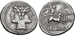Anonymous. Circa 225-212 BC. AR Didrachm – Quadrigatus (23mm, 6.68 g, 12h). Rome mint. Laureate head of Janus; curved truncation / Jupiter, hurling thunderbolt with right hand and holding scepter in l