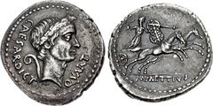 The Caesarians. Julius Caesar. January 44 BC. AR Denarius (19mm, 3.97 g, 12h). Rome mint; M. Mettius, moneyer. Wreathed head right; to left, lituus left and CAESAR • DICT downwards to left, QVART upwa