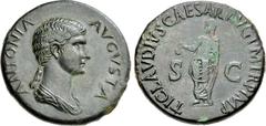 Antonia Minor. Augusta, AD 37 and 41. Æ Dupondius (29mm, 14.04 g, 6h). Rome mint. Struck under Claudius, AD 41-42. ANTONIA AVGVSTA, draped bust right, head bare, hair in long plait / TI CLAVDIVS CAESA