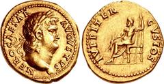 Nero. AD 54-68. AV Aureus (19mm, 7.24 g, 7h). Rome mint. Struck circa AD 64-65. NERO CAESAR AVGVSTVS, laureate head right / IVPPITER CVSTOS, Jupiter seated left on throne, holding thunderbolt in right