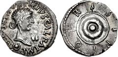 Galba. AD 68-69. AR Denarius (16mm, 3.18 g, 5h). African (Carthage?) mint. Struck circa October AD 68–January AD 69. SER SVLPICIVS GALBA IMP AVG, laureate and draped Hispania bust right; to left, two 