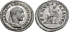 Gordian I. AD 238. AR Denarius (20mm, 2.86 g, 1h). Rome mint. Struck March–April. IMP M ANT GORDIANVS AFR AVG, laureate, draped, and cuirassed bust right / SECVRITAS AVGG, Securitas seated left, holdi