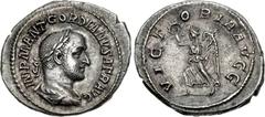 Gordian II. AD 238. AR Denarius (21mm, 2.93 g, 6h). Rome mint. Struck March–April. IMP M ANT GORDIANVS AFR AVG, laureate, draped, and cuirassed bust right / VICT ORIA AVGG, Victory advancing left, hol