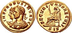 Probus. AD 276-282. AV Aureus (21mm, 6.48 g, 6h). Siscia mint. Struck AD 277. IMP PROBVS INV AVG, conjoined busts of Probus and Sol left; Probus is laureate and cuirassed with a winged gorgoneion on h