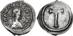 Anastasius I. 491-518. AR Half Siliqua – 300 Nummi (14mm, 1.05 g, 6h). Uncertain mint. Struck circa 498-512. D N ANASTASIVS P (AVC), diademed, draped, and cuirassed bust right / Large T. Bendall, New 