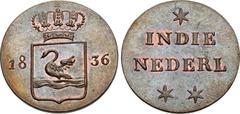 INDONESIA, Colonial. Nederlands-Oost-Indië . 1800-1942; 1945-1949. Pattern CU Zwaanduit (21mm, 3.10 g, 6h). Dated 1836. Scholten 659A; KM PnA4. In NGC encapsulation graded MS 66 BN. Born 10 March 1870