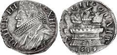 ITALY, Napoli (Regno). Filippo III di Spagna. 1598-1621. AR 15 Grani (23mm, 3.68 g, 6h). Napoli (Naples) mint. Dated 1619. PHILIP • III REX • HI, bareheaded, draped, and armored bust left, wearing lar