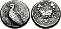 SICILY, Akragas. Circa 460-450/46 BC. AR Tetradrachm (22mm, 17.20 g, 7h). Sea eagle standing left; AKRAC-AИTOΣ around / Crab; floral design below; all within shallow incuse circle. Lee Group II; Rizzo