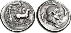 SICILY, Syracuse. Gelon I. 485-478 BC. AR Tetradrachm (27mm, 17.24 g, 12h). Struck circa 485-480 BC. Charioteer, holding kentron in right hand and reins in both, driving slow quadriga right; above, Ni