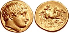 KINGS of MACEDON. Philip III Arrhidaios. 323-317 BC. AV Stater (17mm, 8.56 g, 9h). In the types of Philip II. Abydos mint. Struck under Leonnatos, Arrhidaios, or Antigonos I Monophthalmos. Laureate he