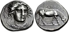 THESSALY, Larissa. Circa 405/0-370 BC. AR Drachm (18mm, 6.00 g, 5h). Early facing head type. Head of the nymph Larissa facing slightly right, with hair in ampyx / Horse grazing right. L-S Group 2, Hea