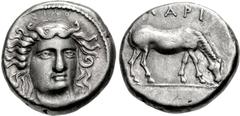 THESSALY, Larissa. Circa 405/0-370 BC. AR Drachm (16mm, 5.91 g, 3h). Early facing head type. Obverse die signed by the artist Simo-. Head of the nymph Larissa facing slightly right, with hair in ampyx