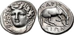 THESSALY, Larissa. Circa 356-342 BC. AR Drachm (18mm, 6.04 g, 12h). Late facing head type. Head of the nymph Larissa facing slightly left, with hair in ampyx / Horse standing right, preparing to lie d