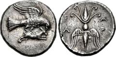 ELIS, Olympia. 134th-143rd Olympiad. Circa 244-208 BC. AR Drachm (18mm, 4.79 g, 1h). Eagle, with wings displayed above, flying right, holding hare by its back and tearing at it with his beak / Thunder