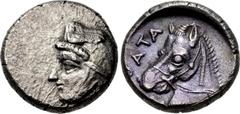 IONIA, Achaemenid Period. Autophradates. Satrap of Sparda (Lydia and Ionia), circa 380s-350s BC. AR Diobol(?) (10mm, 1.05 g, 11h). Head left, wearing satrapal cap / Head of horse left; OATA above, [ΠO