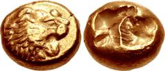 KINGS of LYDIA. temp. Ardys – Alyattes. Circa 630s-564/53 BC. EL Hekte – Sixth Stater (9mm, 2.35 g). Sardes mint. Head of roaring lion right, sun with no rays on forehead / Two incuse squares. Weidaue
