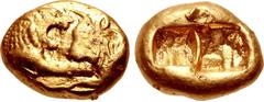 KINGS of LYDIA. Kroisos. Circa 564/53-550/39 BC. AV Stater (16mm, 8.05 g). Light series. Sardes mint. Confronted foreparts of lion right and bull left / Two incuse square punches of unequal size. Berk