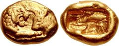 KINGS of LYDIA. Kroisos. Circa 564/53-550/39 BC. AV Sixth Stater (8mm, 1.34 g). Light standard. Sardes mint. Confronted foreparts of lion right and bull left / Two incuse squares of unequal size. Walb