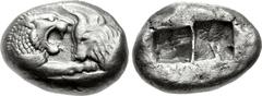 KINGS of LYDIA. Kroisos. Circa 564/53-550/39 BC. AR Stater – Double Siglos (20mm, 10.56 g). Sardes mint. Confronted foreparts of lion right and bull left / Two incuse squares of unequal size. Berk 20;