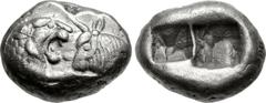 KINGS of LYDIA. temp. Cyrus – Darios I. Circa 550/39-520 BC. AR Siglos (15mm, 5.33 g). Sardes mint. Confronted foreparts of lion right and bull left / Two incuse square punches. Berk 23; Traité I 411;