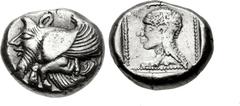 CARIA, Uncertain. Circa 490-470 BC. AR Hemistater (15mm, 5.85 g, 12h). Aeginetic standard. Forepart of winged man-headed bull left / Head of female left in dotted square border within incuse square. K