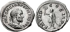 Pupienus. AD 238. AR Denarius (20mm, 3.11 g, 6h). Rome mint. 1st emission. Laureate, draped, and cuirassed bust right / Pupienus standing left, holding branch and parazonium. RIC IV 5; BMCRE 50; RSC 2