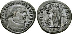 Valens. Usurper, AD 316-317. Æ Follis (23mm, 4.15 g, 11h). Cyzicus mint, 6th officina. IMP C AVR VAL VALENS P F AVG, laureate head right / IOVI CONS ERVATORI, Jupiter standing left, holding Victory on
