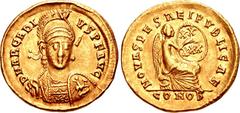 Arcadius. AD 383-408. AV Solidus (20mm, 4.43 g, 6h). Constantinople mint. Struck AD 402. Pearl-diademed, helmeted, and cuirassed bust facing slightly right, holding spear and shield / Victory seated r