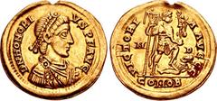 Honorius. AD 393-423. AV Solidus (21mm, 4.40 g, 12h). Mediolanum (Milan) mint. Struck AD 395-402. Pearl-diademed, draped, and cuirassed bust right / Honorius standing right, foot on captive, holding l