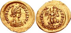 Theodosius II. AD 402-450. AV Tremissis (15mm, 1.39 g, 6h). Constantinople mint. Struck AD 402/8-450. Pearl-diademed, draped, and cuirassed bust right / Victory advancing right, head left, holding wre