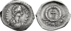 Aelia Eudocia. Augusta, AD 423-460. AR Siliqua (19mm, 1.53 g, 12h). Constantinople mint. Struck under Theodosius II, AD 420-429. Pearl-diademed and draped bust right / Cross within wreath; CONS*. RIC 