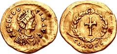 Aelia Eudocia. Augusta, AD 423-460. AV Tremissis (14mm, 1.36 g, 12h). Constantinople mint. Struck under Theodosius II, circa AD 430-440. Pearl-diademed and draped bust right / Cross within wreath (lon
