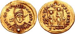 Leo II and Zeno. AD 474. AV Solidus (21mm, 4.44 g, 6h). Constantinople mint, 5th officina. Pearl-diademed, helmeted, and cuirassed bust facing slightly right, holding spear and shield / Leo and Zeno, 
