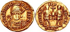 Anthemius. AD 467-472. AV Solidus (21mm, 4.42 g, 6h). Rome mint. Struck AD 468. Pearl-diademed, helmeted, and cuirassed bust facing slightly right, holding spear and shield / Anthemius and Leo I stand
