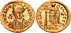 Zeno. Second reign, AD 476-491. AV Solidus (19mm, 4.48 g, 6h). Constantinople mint, 6th officina. Struck AD 477-491. Pearl-diademed, helmeted and cuirassed bust facing slightly right, holding spear an