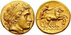 729936. Sold For $4500 Macedon, Kings of. Philip II. 359-336 BC. AV Gold Stater (8.56 gm). Colophon mint. Struck under Philip III, circa 323-319 BC. Laureate head of Apollo right with the features of 