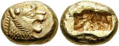 728500. Sold For $2500 LYDIA, Kings of. Uncertain. Before 561 BC. EL Trite (4.68 gm). Head of roaring lion right, rayed knob on forehead / Double incuse punch. Weidauer 86-89; SNG von Aulock 2868. Cho