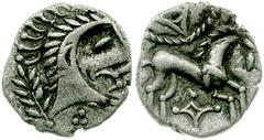733166. Sold For $195 CELTIC. The Iceni. Late 1st Century BC. AR Unit (1.22 gm). Head right; branch behind; tri-symbol before / Horse right; wheel above, lozenge below. Hobbs 3605; Van Arsdell 794; Sp