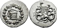 734444. Sold For $395 MYSIA, Pergamon. Circa 133-67 BC. AR Cistophoric Tetradrachm (25mm, 12.58 gm). Struck circa 95-92 BC. Cista mystica with serpent; all within ivy wreath / Bow-case with serpents; 